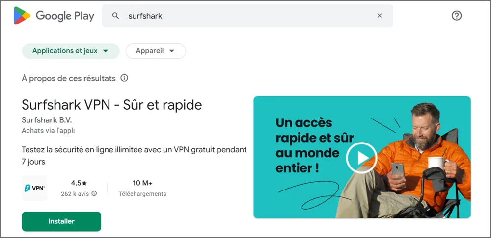 Installation Surfshark depuis le Play Store sur box Android TV