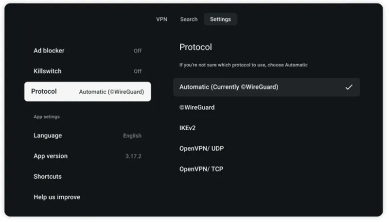 Capture d'écran de l'app Surfshark sur Android TV avec le protocole WireGuard sélectionné