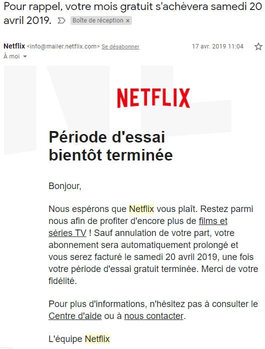 mail periode essai Netflix